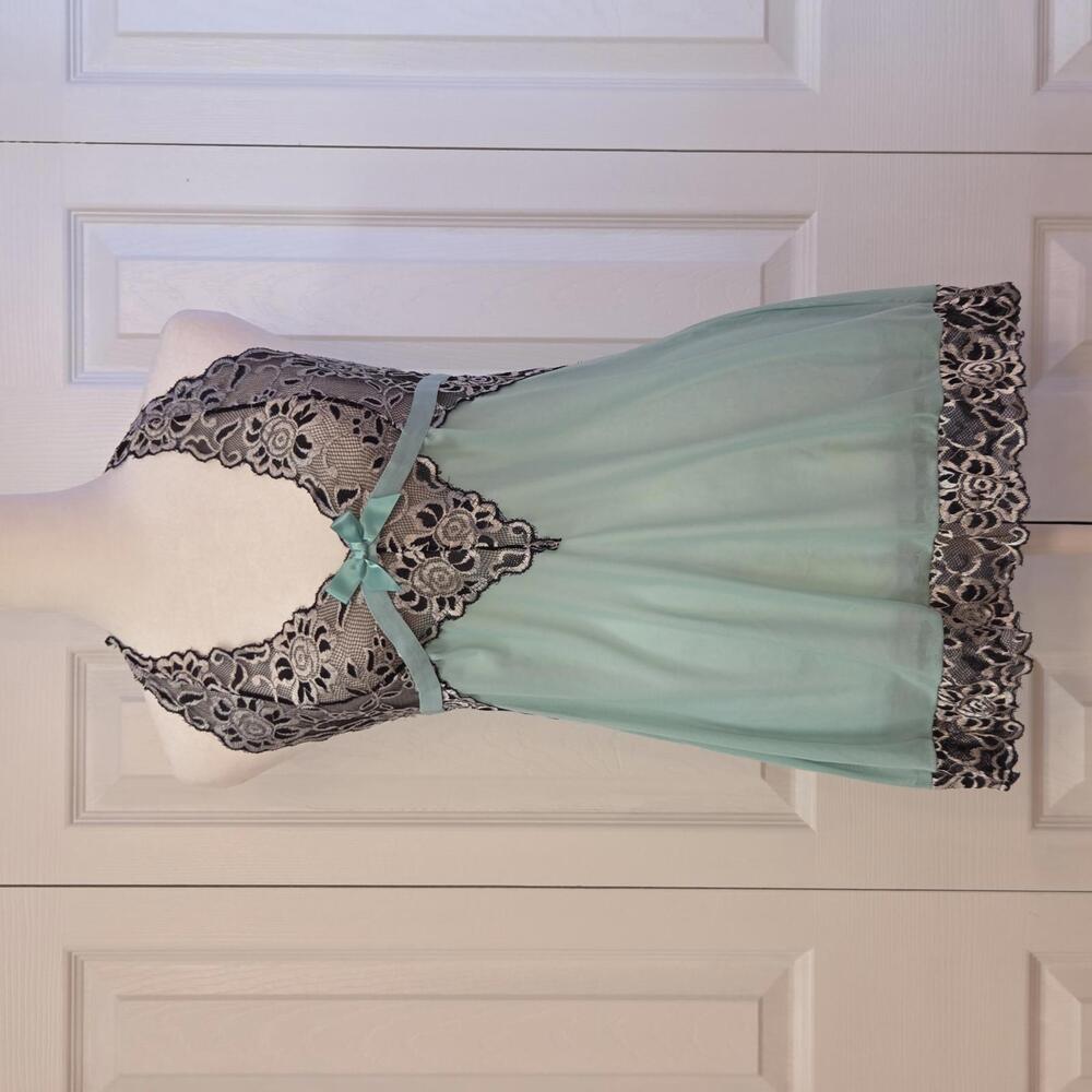 Coquette Light Blue Babydoll Slip Halter Top with Black and White Lace; Size M